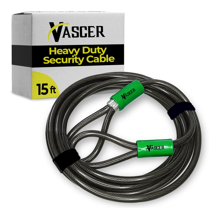 كابل أمان Vascer للخدمة الشاقة مع حلقات - قفل كابل الدراجة بطول 15 قدمًا (3/8 بوصة) مقاوم للقطع مع طلاء من الفولاذ المضفر والفينيل - قفل سلسلة أمان لجزازة ومعدات بوابة سلم قارب الدراجة - Image 1